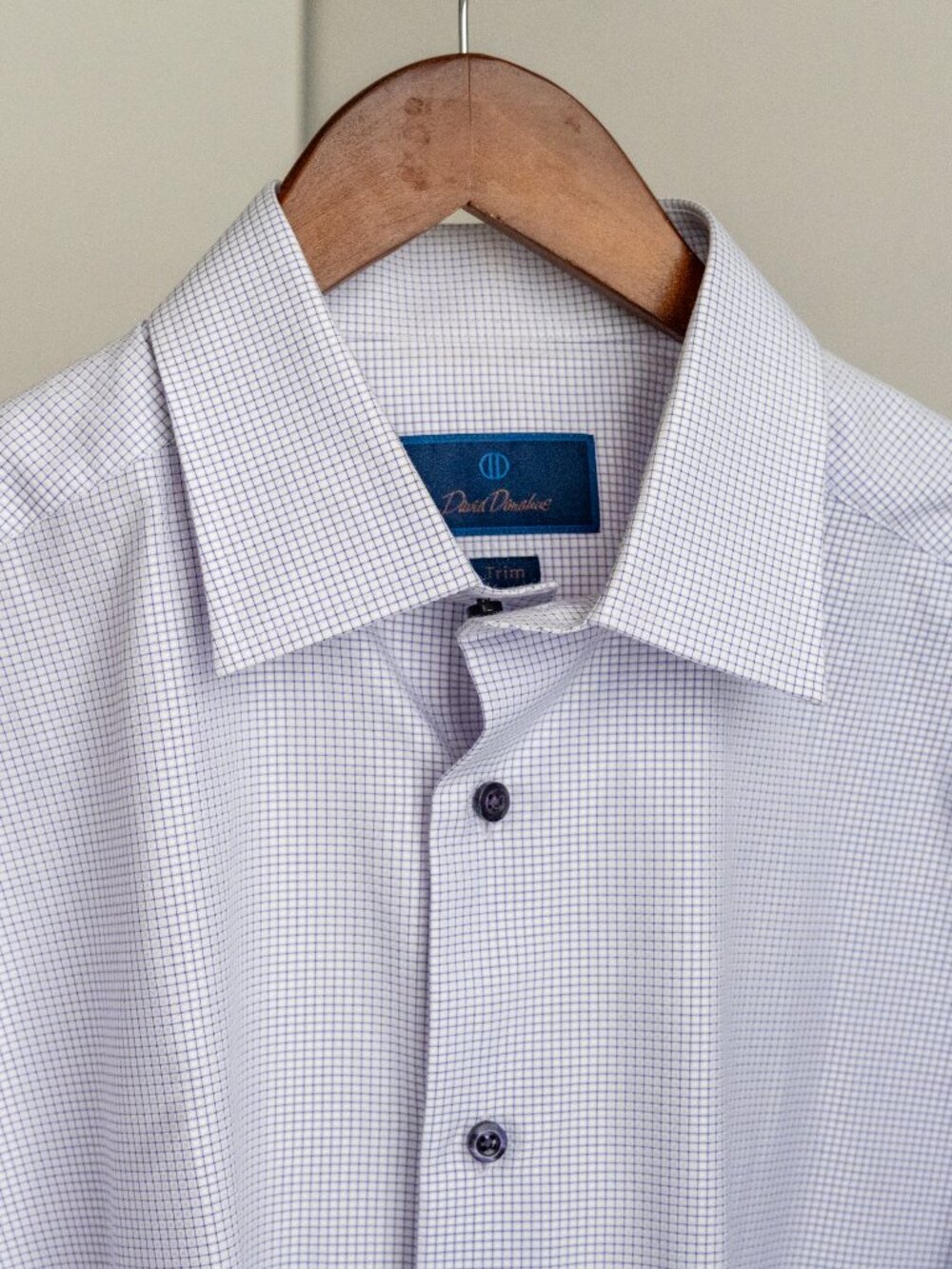 David Donahue Dress Shirt 16.5 34/35 White w Purple Pinstripe